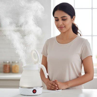 bouilloire blanche vapeur femme comptoir cuisine