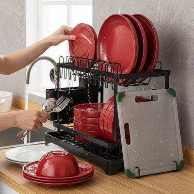 egouttoir vaisselle noir assiettes rouge cuisine