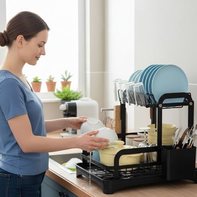 egouttoir vaisselle noir comptoir femme cuisine evier