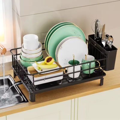 egouttoir vaisselle noir evier comptoir bois cuisine