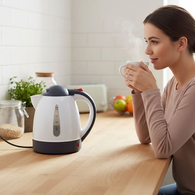 mini bouilloire blanc gris comptoir bois cuisine femme tasse eau