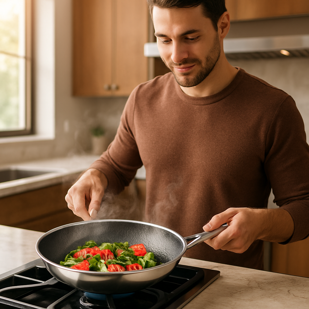 poele inox legumes cuiseur a gaz homme chandail brun cuisine