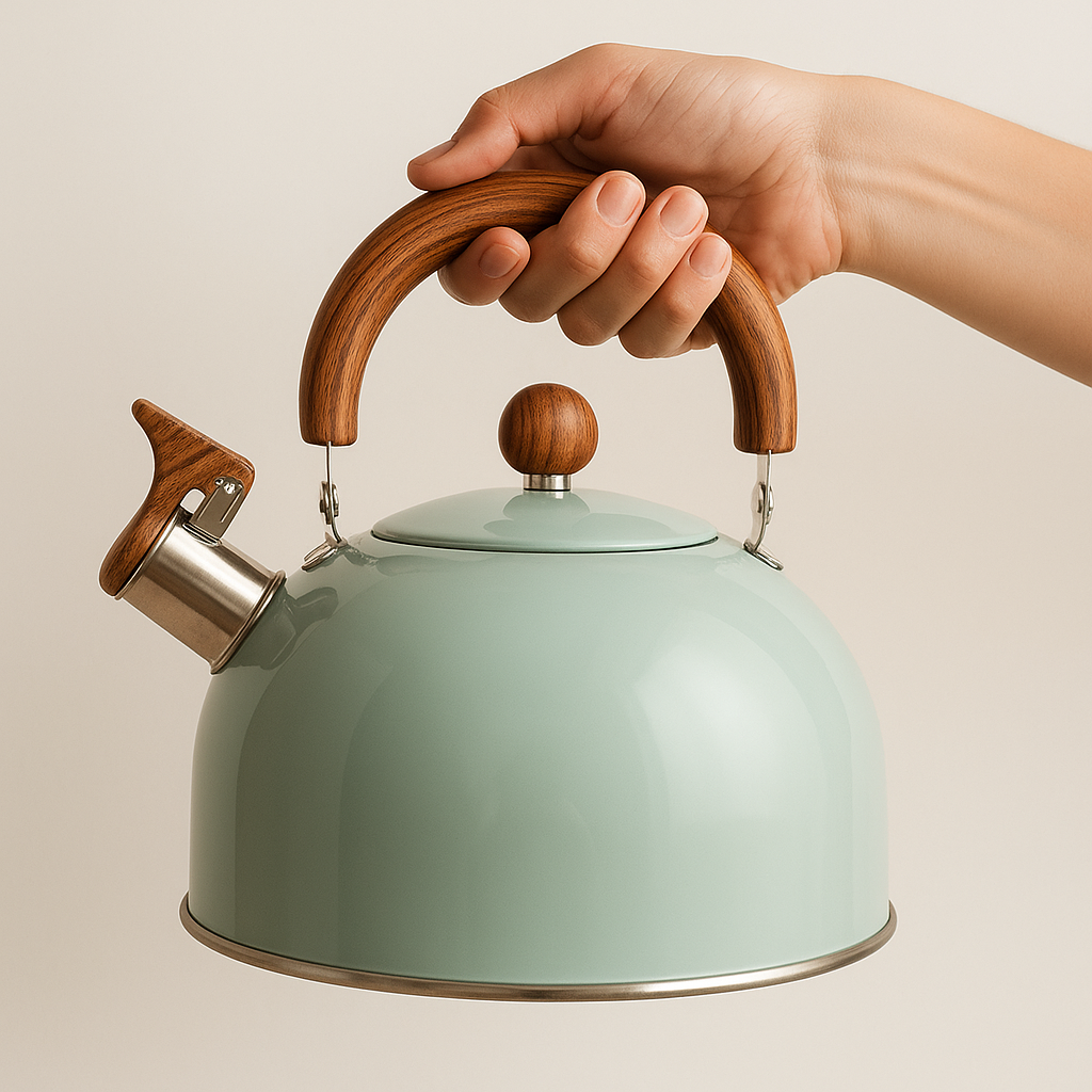 bouilloire verte main fond blanc