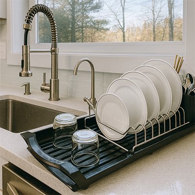 egouttoir vaisselle noir assiette blanc verres comptoir cuisine evier