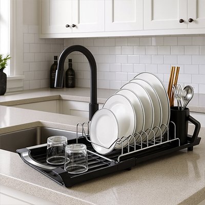 egouttoir vaisselle noir assiette blanc verres comptoir cuisine