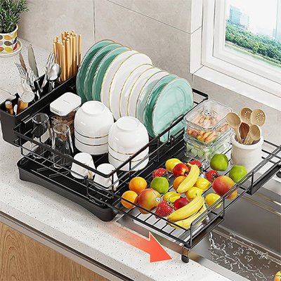 egouttoir vaisselle noir assiettes vert fruits comptoir cuisine