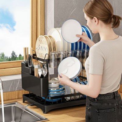 egouttoir vaisselle noir femme assiettes ustensiles cuisine