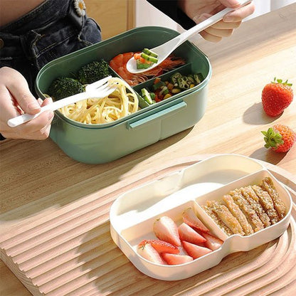 lunch box vert bleu et jaune rose blanc table bois