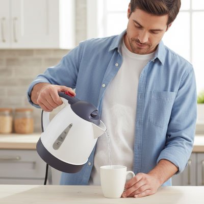 mini bouilloire blanche gris tasse homme chemise bleu cuisine