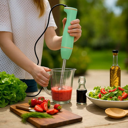 mixeur plongeant salade fruits huile femme table exterieur