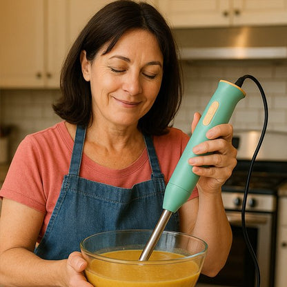 mixeur plongeant vert bol femme souriante cuisine