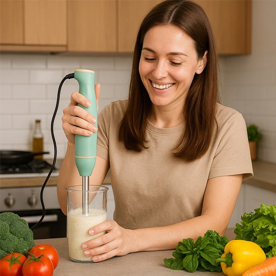mixeur plongeant vert legumes femme souriante cuisine