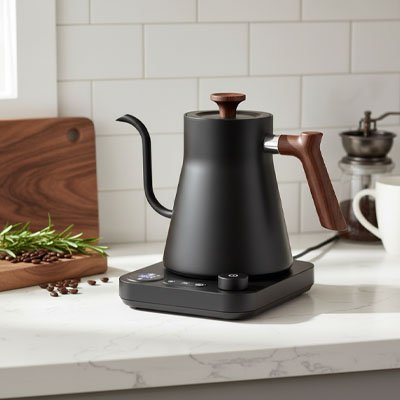 petite bouilloire electrique noir bois comptoir blanc