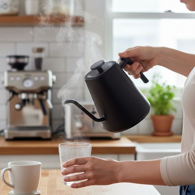 petite bouilloire electrique noir cafe eau cuisine comptoir bois