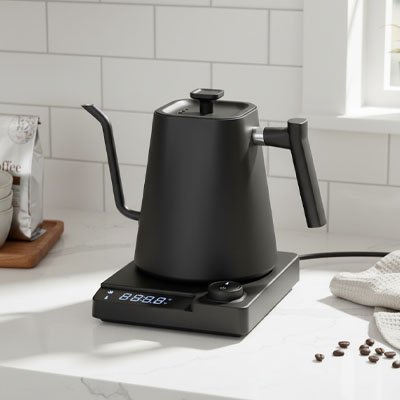 petite bouilloire electrique noir comptoir blanc