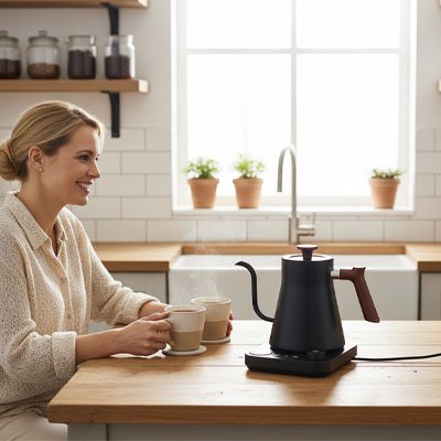 petite bouilloire electrique noir comptoir bois cafe femme cuisine