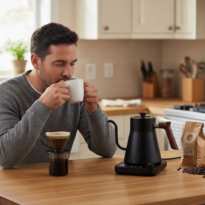 petite bouilloire electrique noir comptoir cafe homme tasse