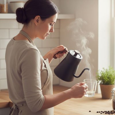 petite bouilloire electrique noir eau femme comptoir bois cuisine
