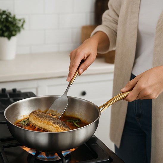 poele inox poulet spatule cuiseur a gaz cuisine