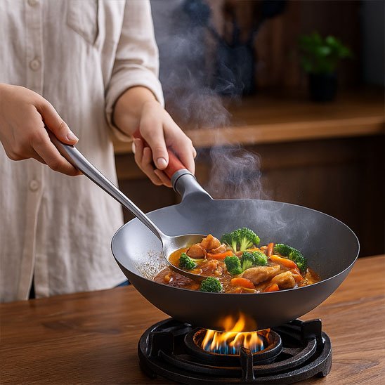 poele wok legumes viandes cuillere cuiseur a gaz cuisine